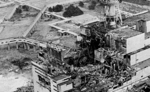 Photo of the Chernobyl Nuclear Power plant after the roof was blown off by the explosion of a graphite reactor. 