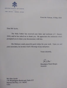 Letter from Pope Francis to the Winds of Freedom Foundation complimenting them on Winds of Freedom Symphonic Documentary Movie. 